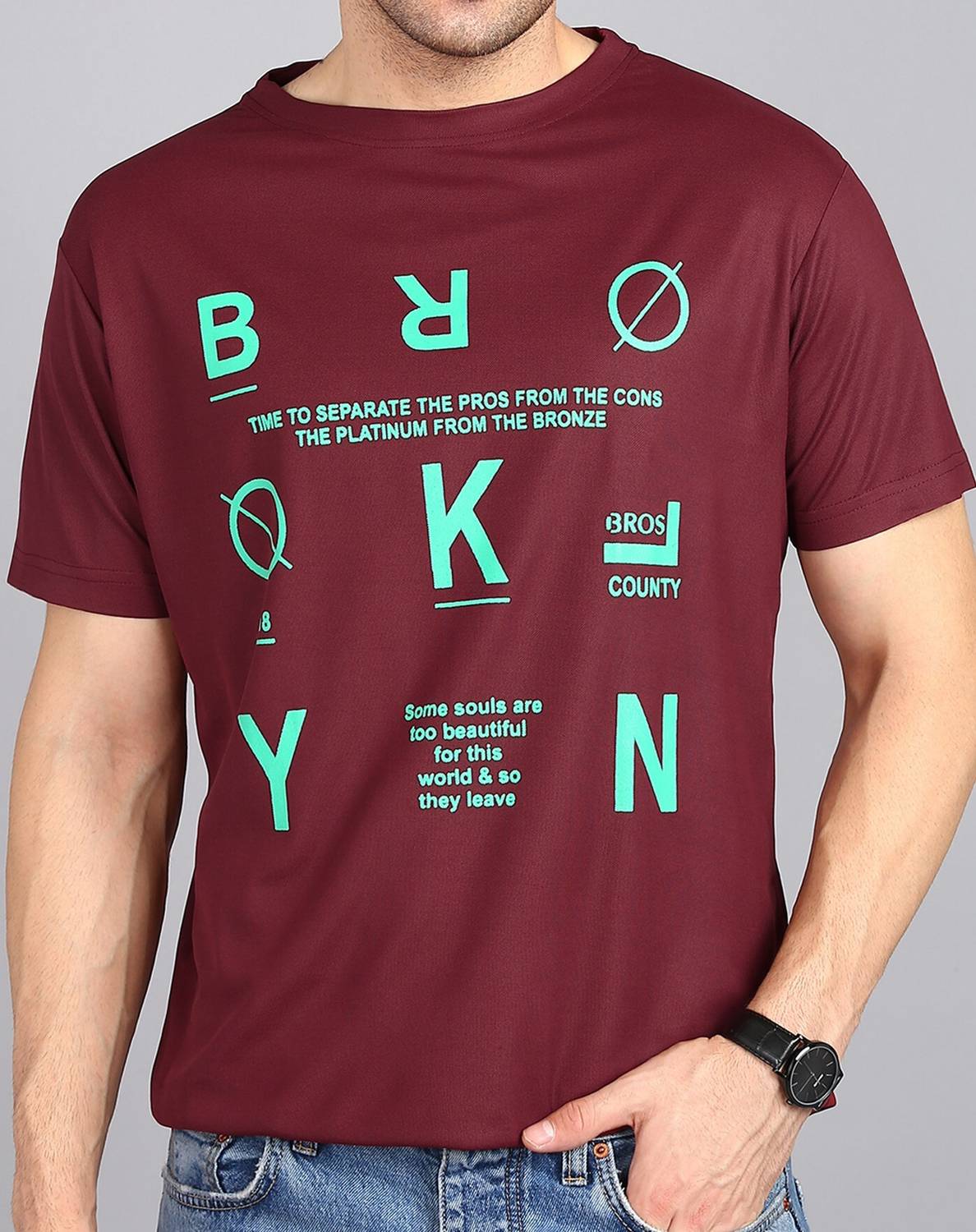 3BROS Printed Men Round Neck Maroon T-Shirt
