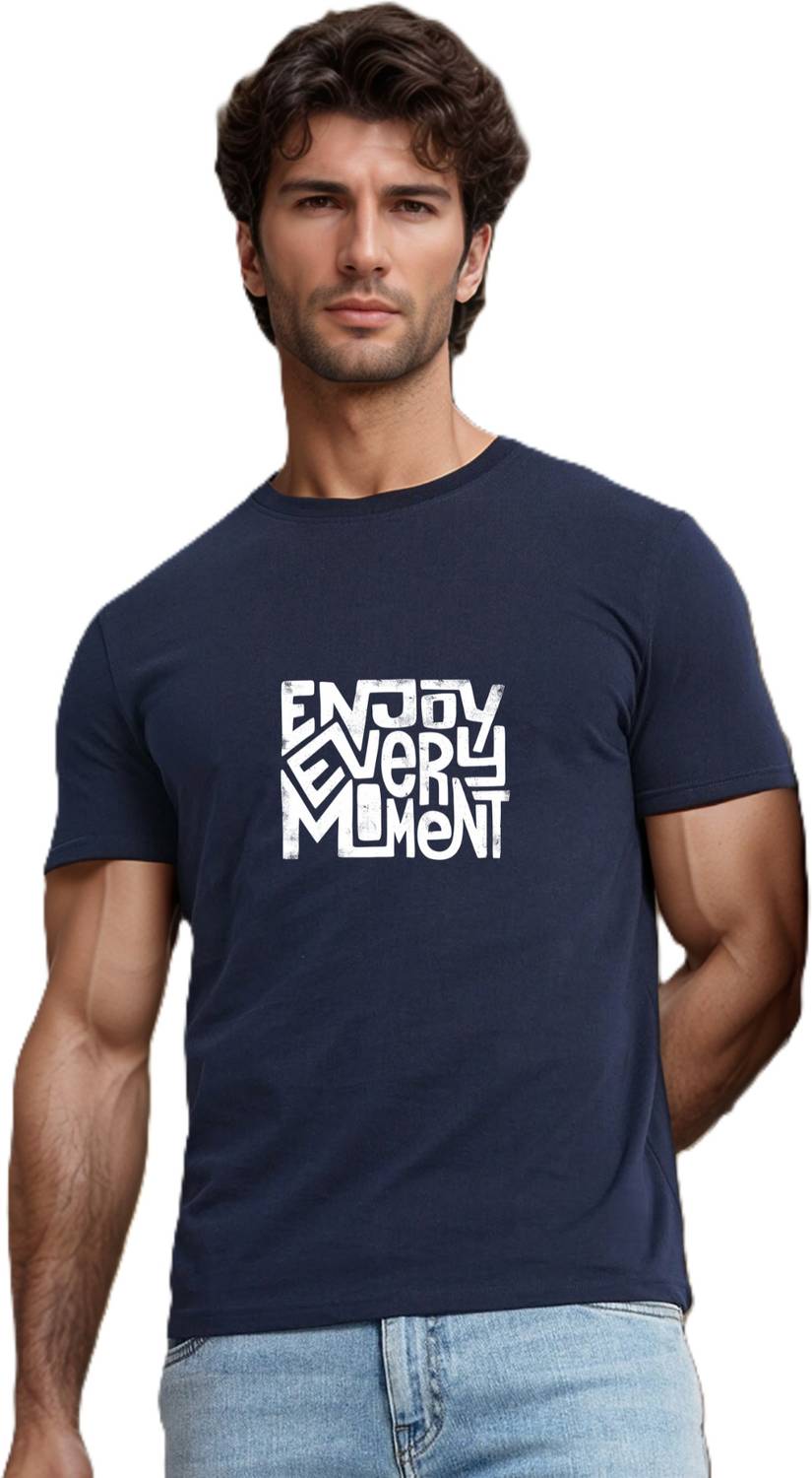 BlueFicus Printed Men Round Neck Navy Blue T-Shirt