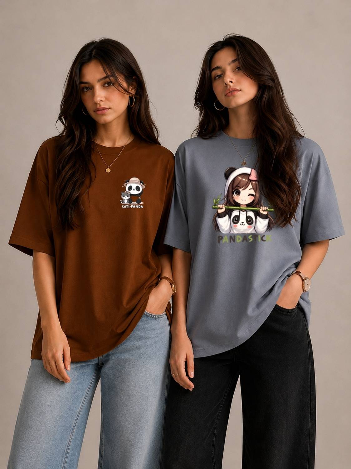 Aureno furrnzo Printed Women Round Neck Brown, Grey T-Shirt