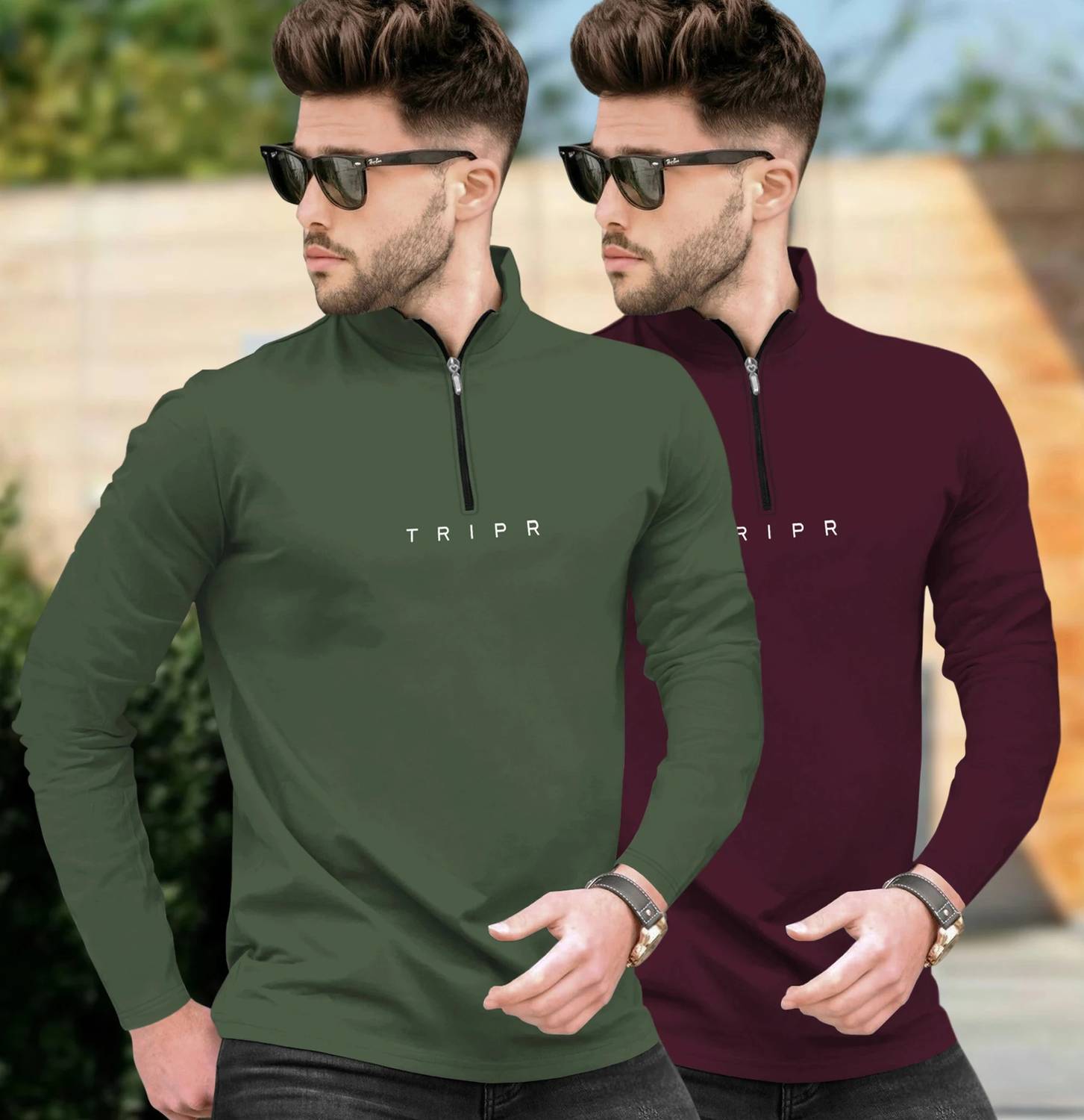 TRIPR Pack of 2 Men Solid Henley Neck Cotton Blend Dark Green, Ma