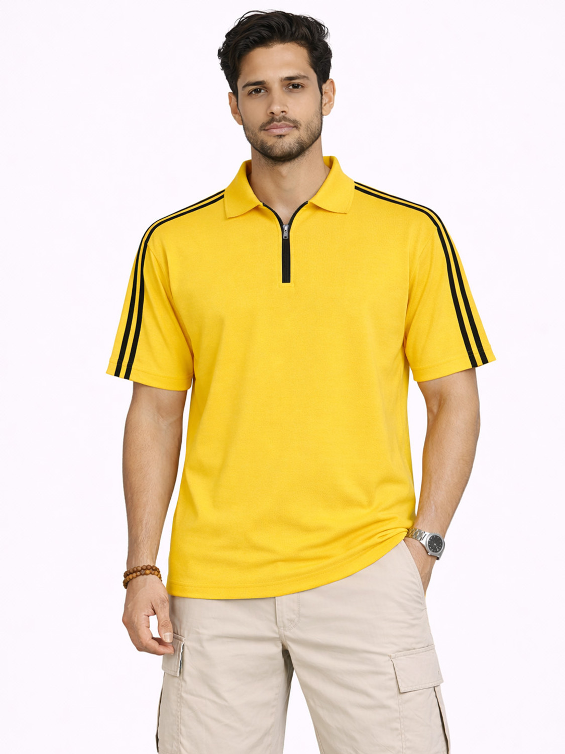 Image of RULEDBYSUN Striped, Solid Men Zip Neck Yellow T-Shirt
