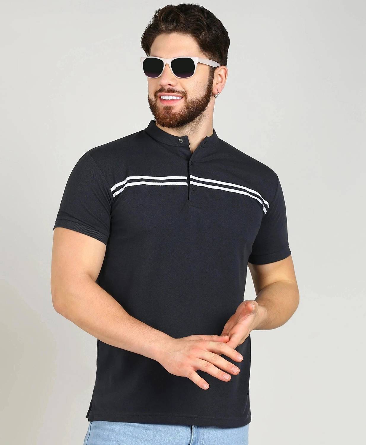 Alan Jones Men Striped Mandarin Collar Cotton Blend Black T-Shirt