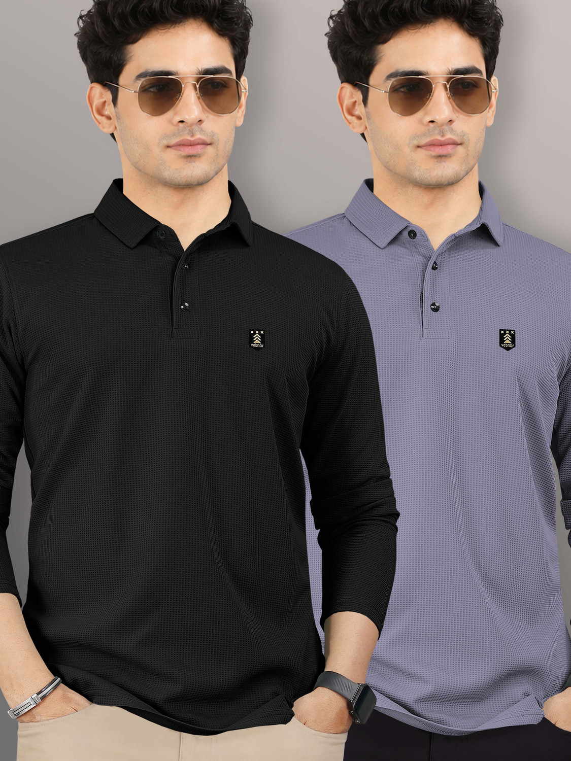 Image of VeBNoR Self Design Men Polo Neck Black, Grey T-Shirt
