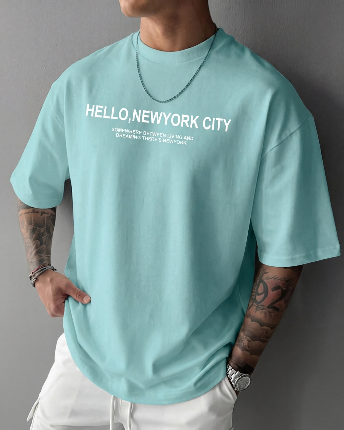 Image of FLYIND VOGUE OUTFIT Typography Men Round Neck Light Blue T-Shirt