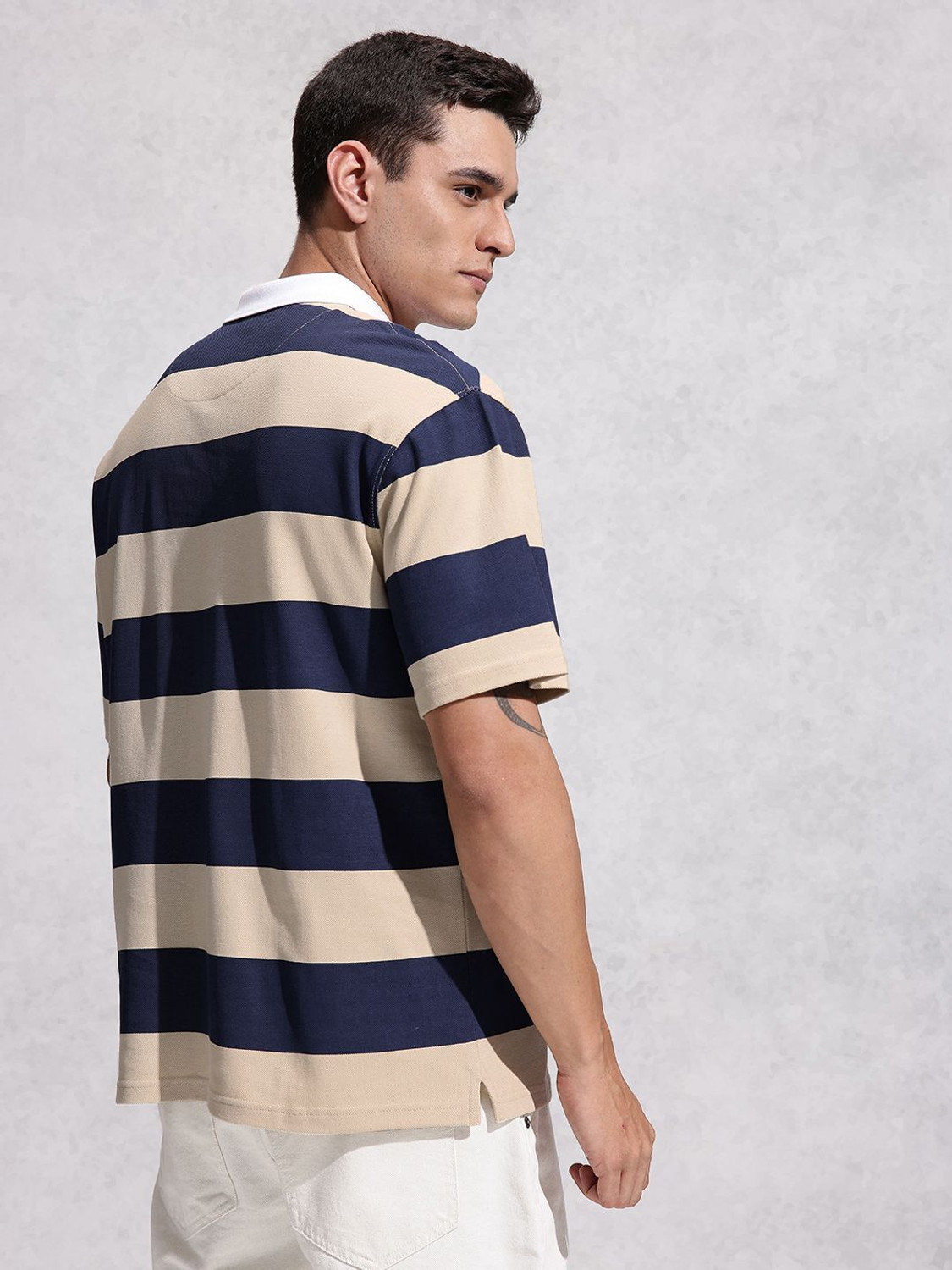 Image of WROGN Striped Men Polo Neck Beige T-Shirt