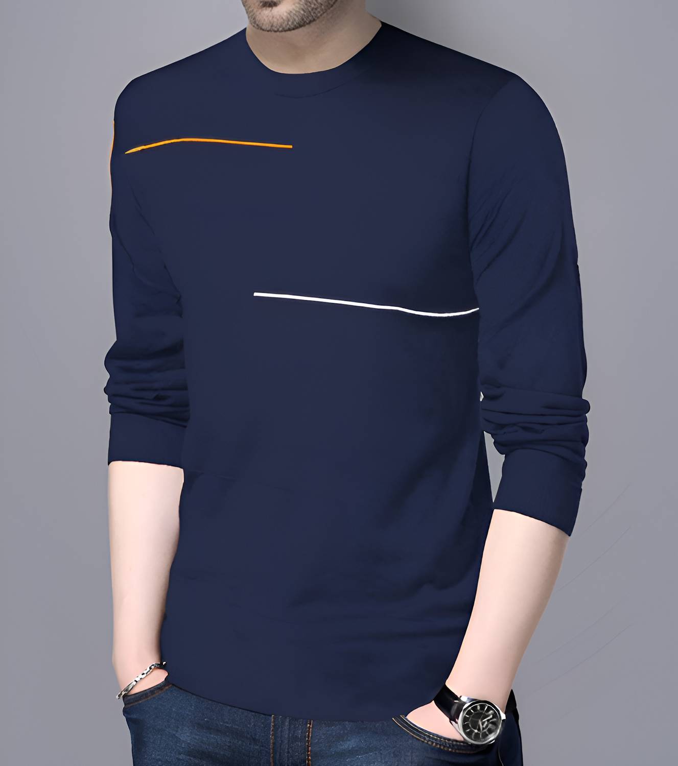 Reya Men Striped Round Neck Cotton Blend Blue T-Shirt