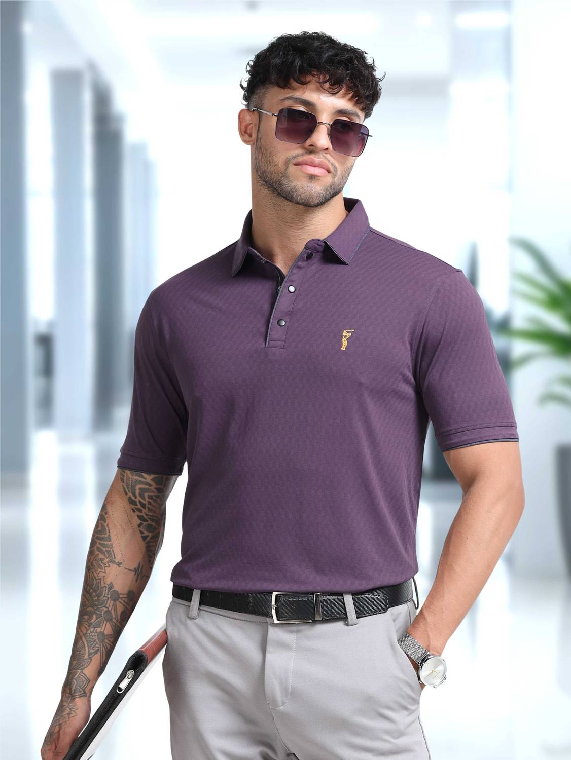 Stellers Men Self Design Polo Neck Polyester Purple T-Shirt