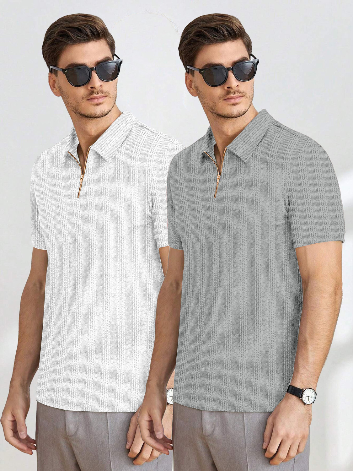 Image of COMBRAIDED Striped Men Zip Neck Grey, White T-Shirt