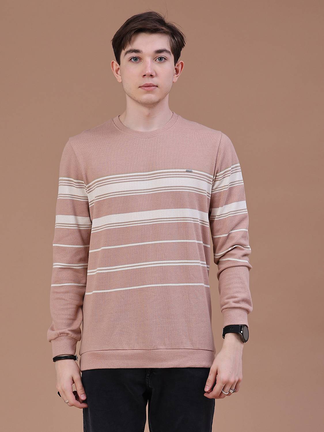 V-MART Brown Striped Men's T-Shirt - Image 2