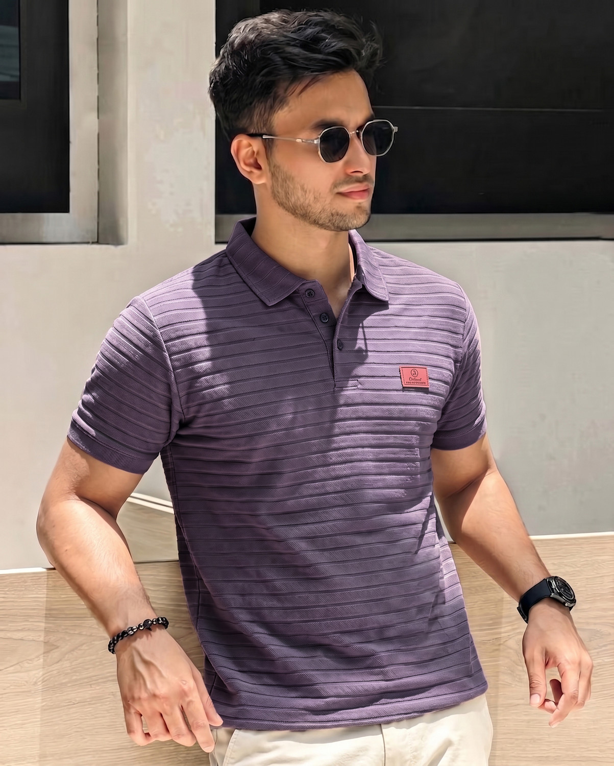 METRONAUT Self Design Men Polo Neck Purple T-Shirt