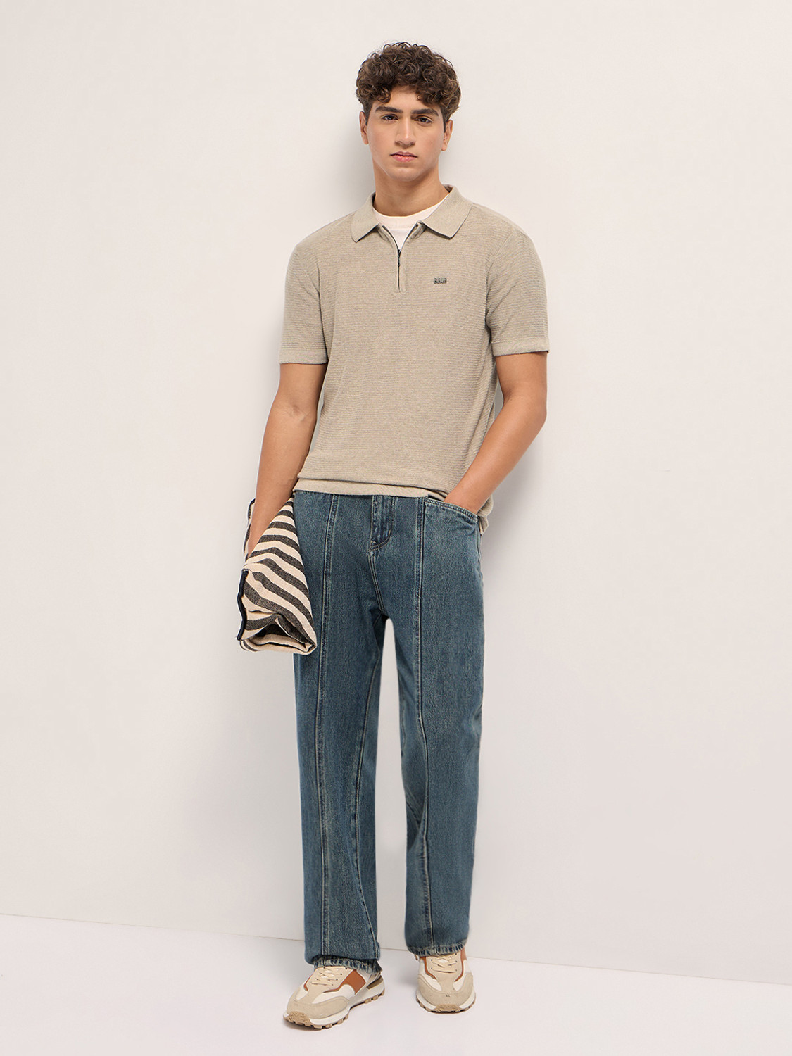 Image of THE BEAR HOUSE Self Design Men Polo Neck Beige T-Shirt