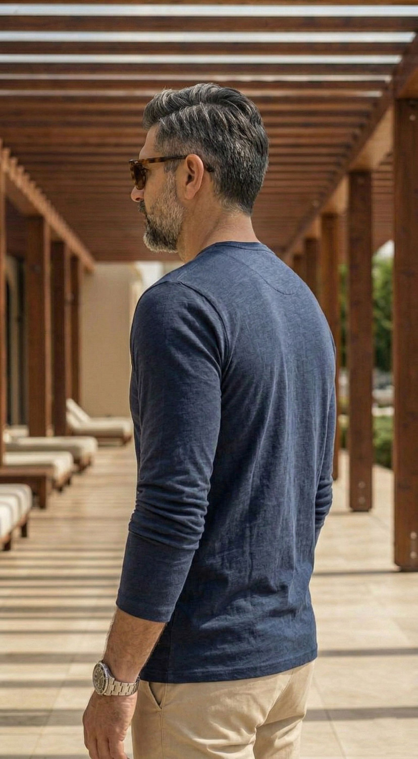 Image of Leon Self Design Men Henley Neck Dark Blue T-Shirt