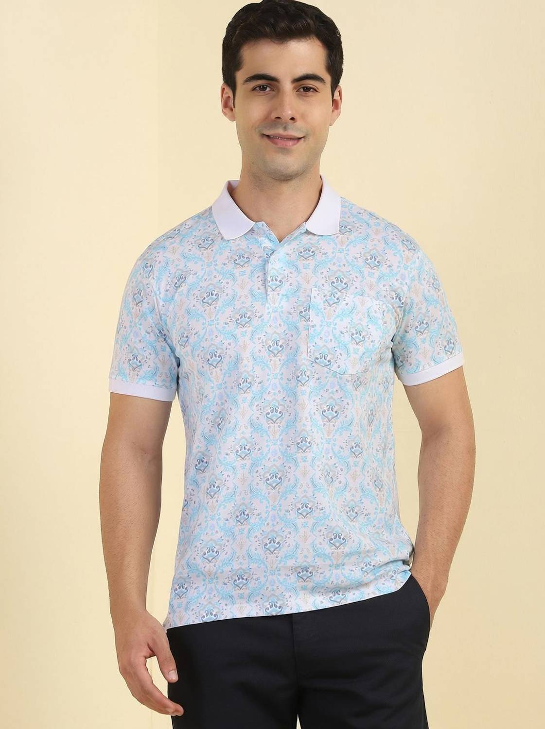 Allen Solly Printed Men Polo Neck White T-Shirt