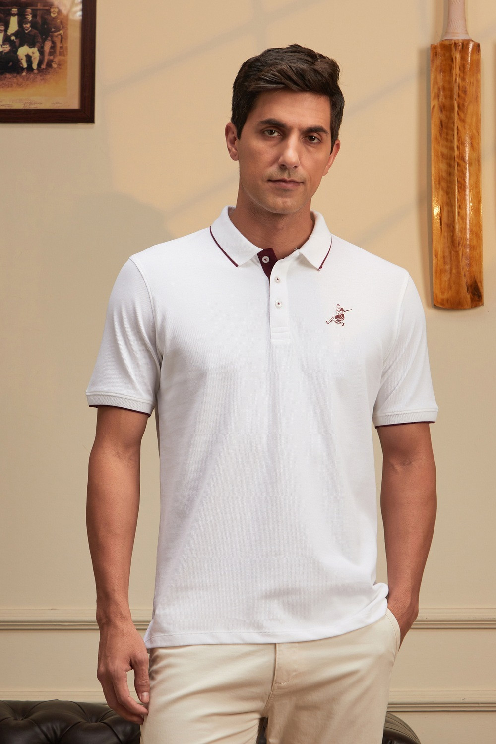Image of PETER ENGLAND Self Design Men Polo Neck White T-Shirt