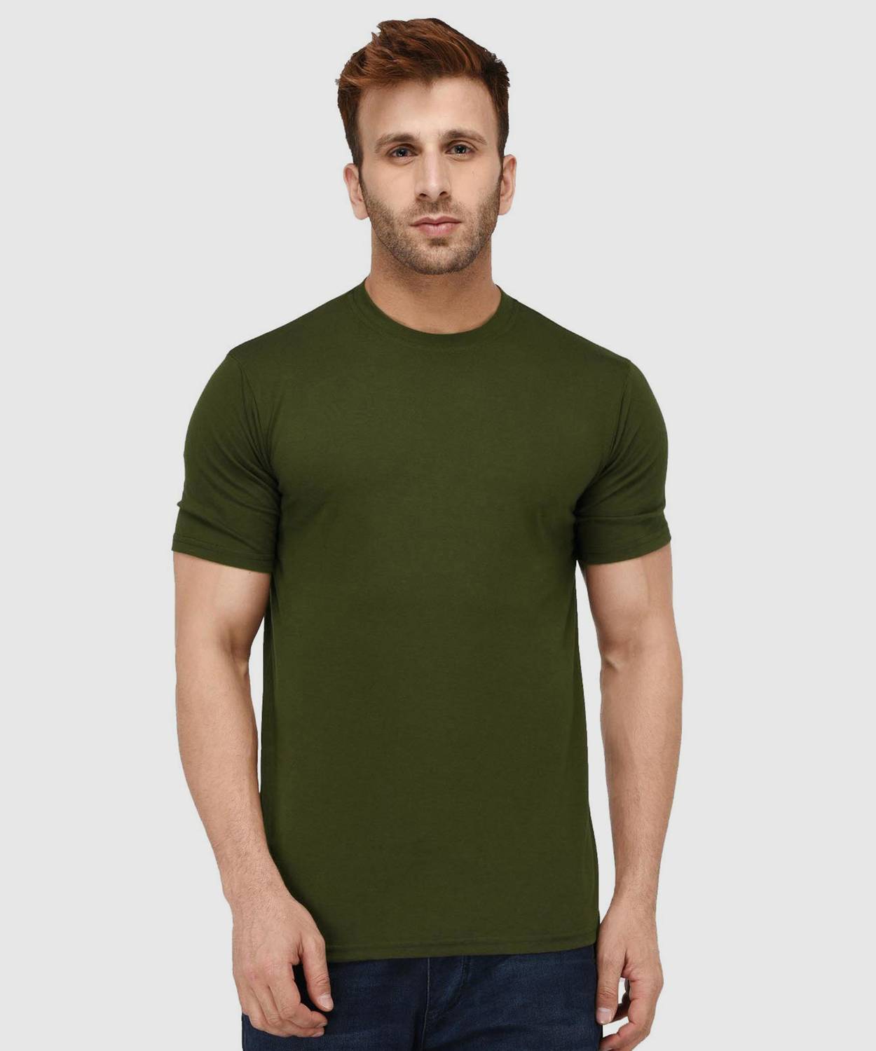 London Hills Men Solid Round Neck Cotton Blend Dark Green T-Shirt