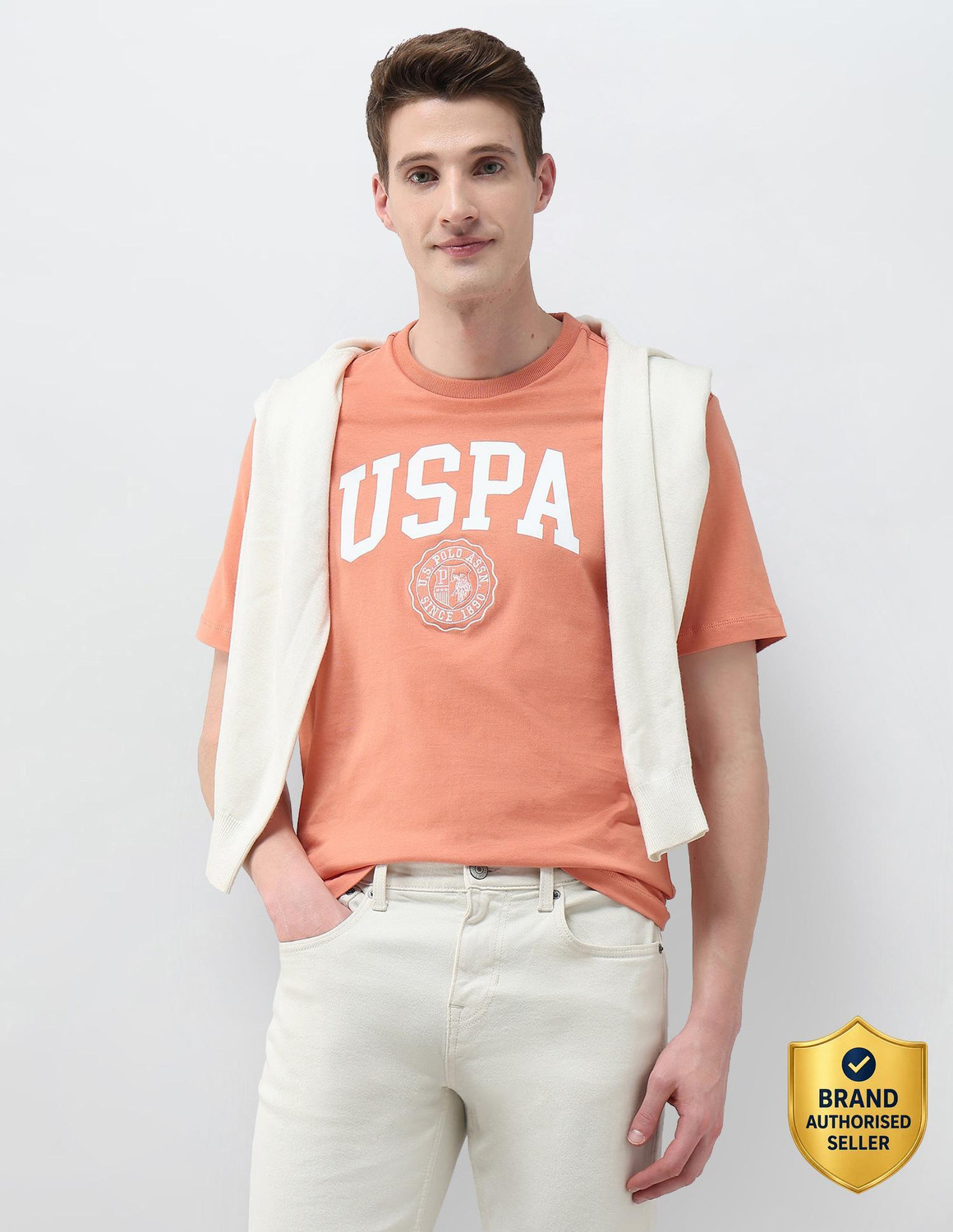 U.S. Polo Assn. Denim Co. Graphic Print Men Crew Neck Orange T-Shirt