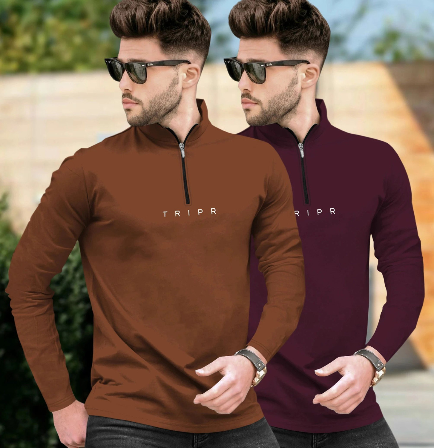 Image of TRIPR Printed Men Henley Neck Brown, Maroon T-Shirt