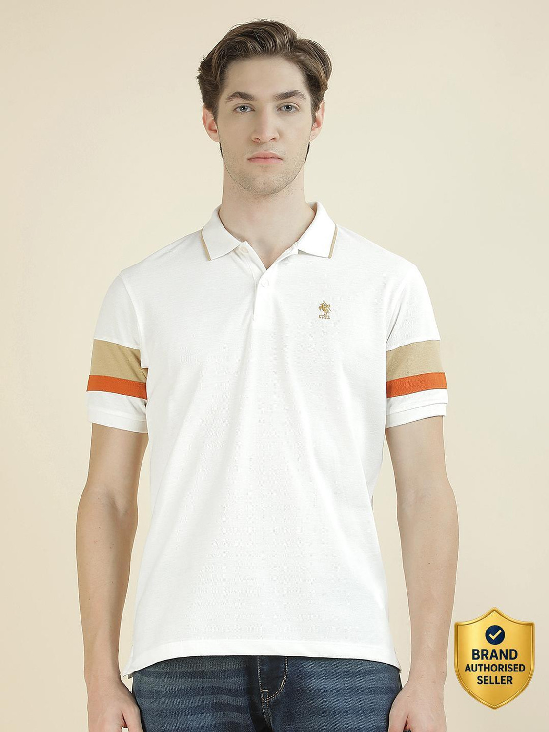 Image of CANTABIL Colorblock Men Polo Neck White T-Shirt