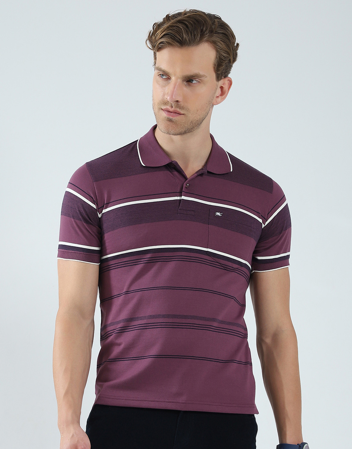 Image of MONTE CARLO Striped Men Polo Neck Purple T-Shirt