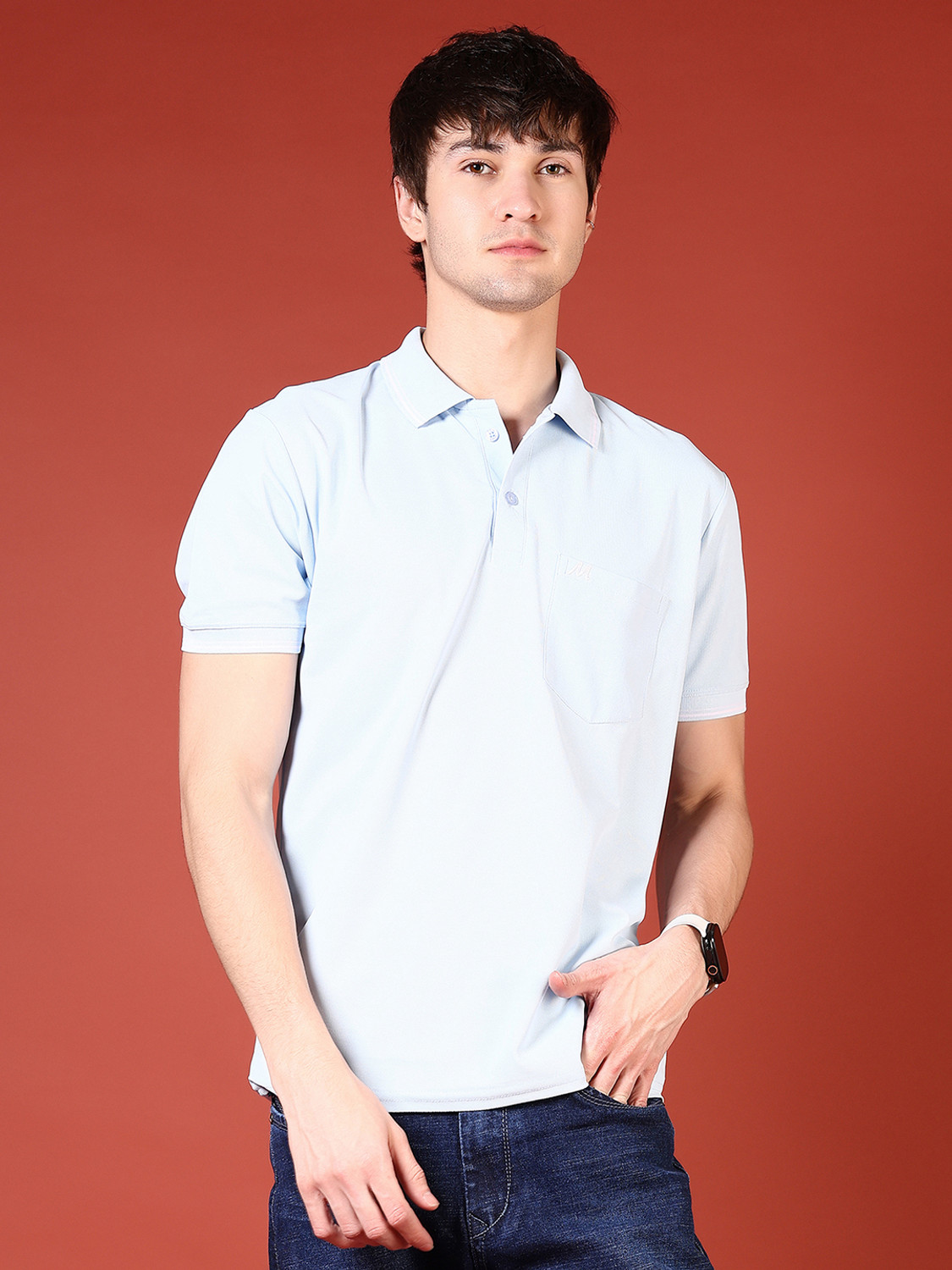 Image of V-MART Solid Men Polo Neck Blue T-Shirt