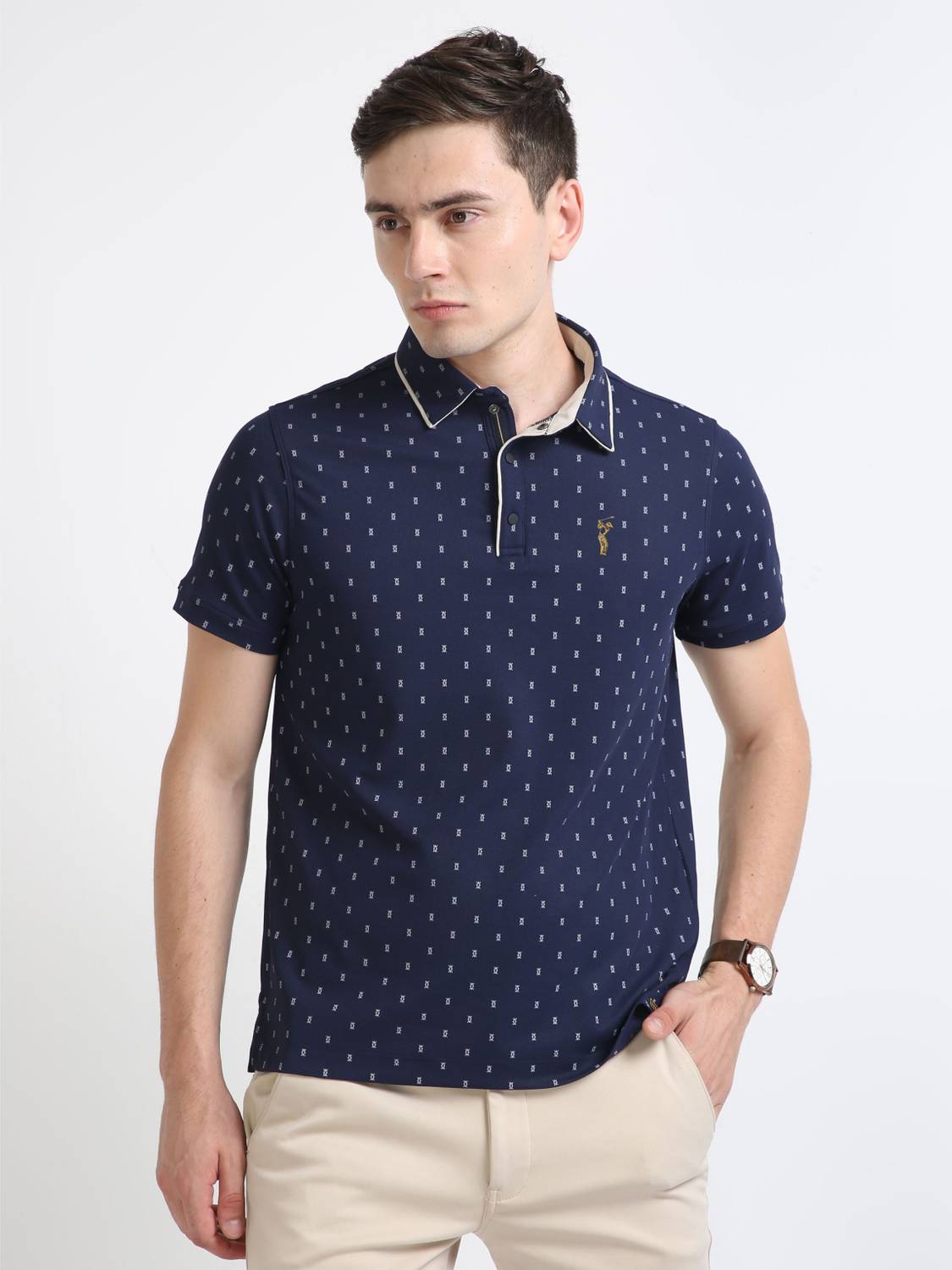 Stellers Men Printed Polo Neck Polyester Navy Blue T-Shirt