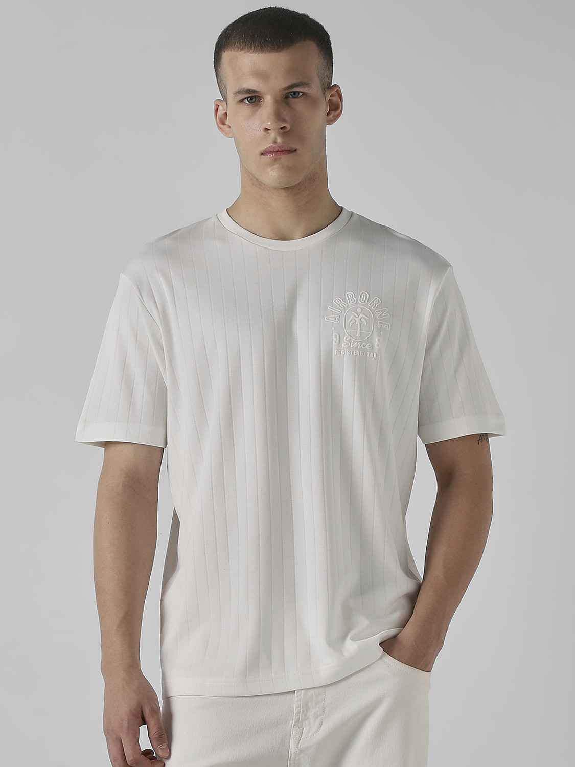 Image of MUFTI Solid Men Round Neck White T-Shirt