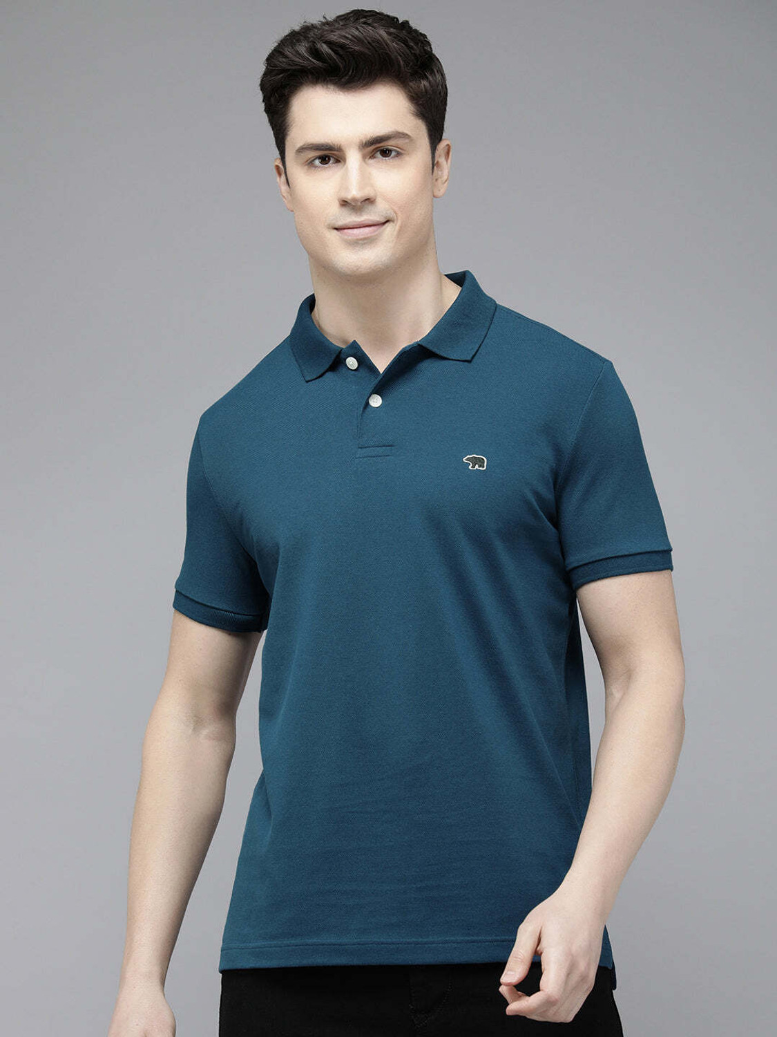 Image of THE BEAR HOUSE Solid Men Polo Neck Blue T-Shirt