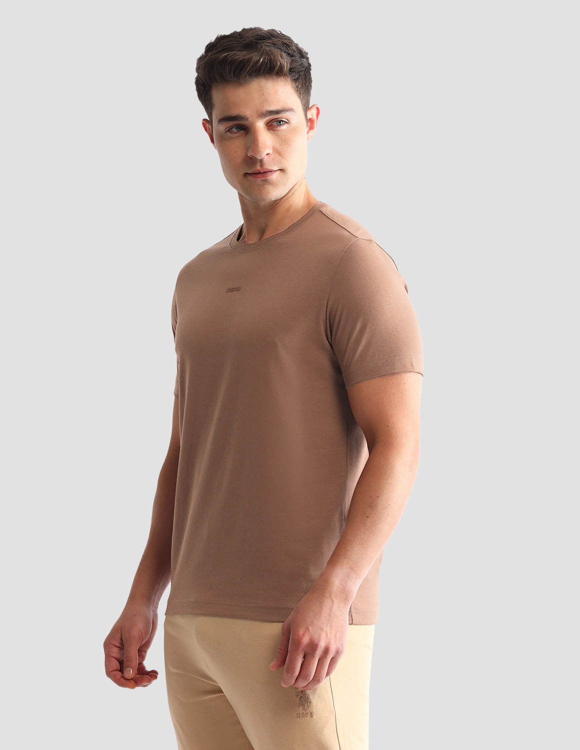 Image of U.S. POLO ASSN. Solid Men Round Neck Beige T-Shirt