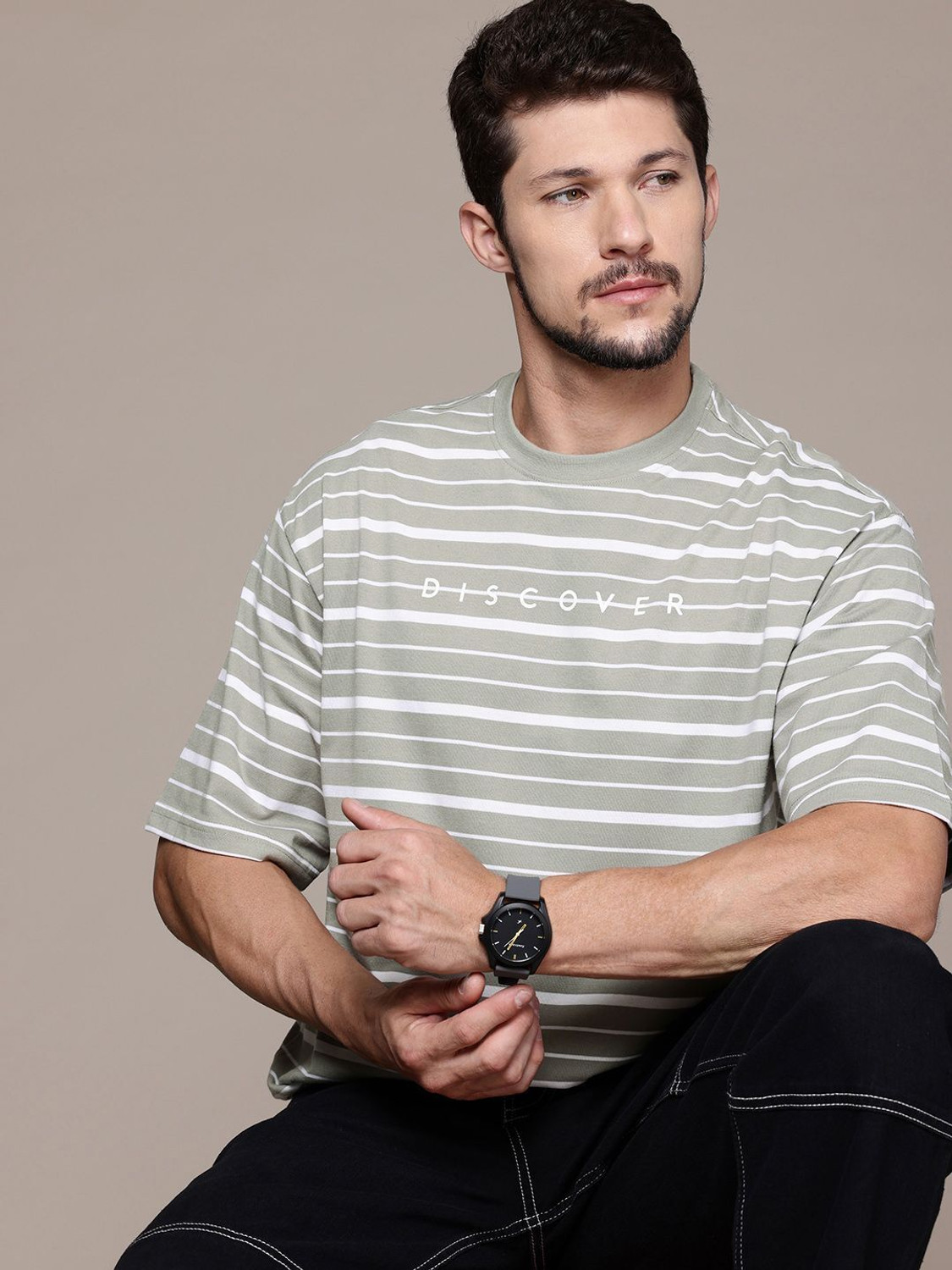 Image of Roadster Striped Men Round Neck Grey T-Shirt