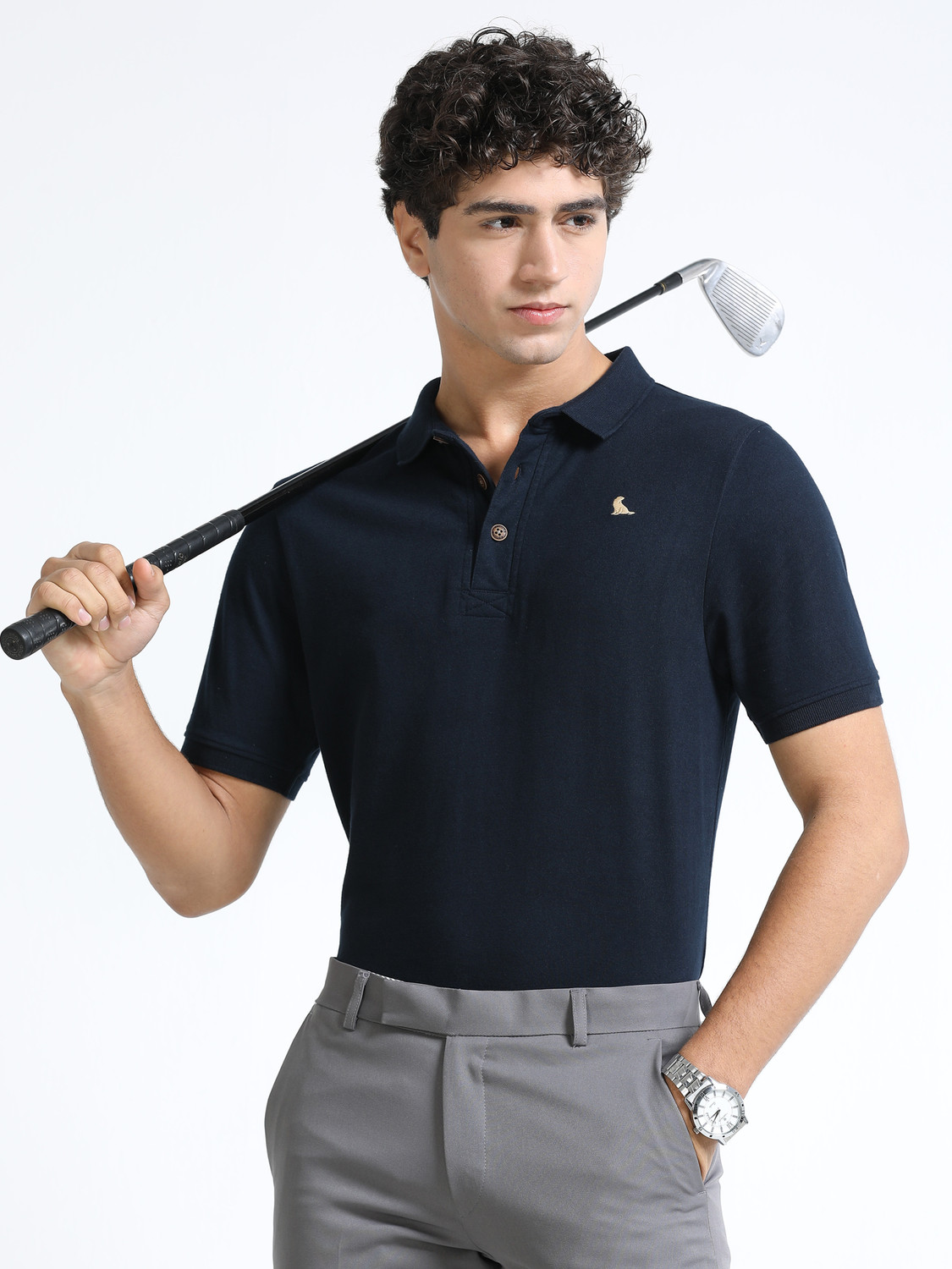 Image of estuna Solid Men Polo Neck Navy Blue T-Shirt