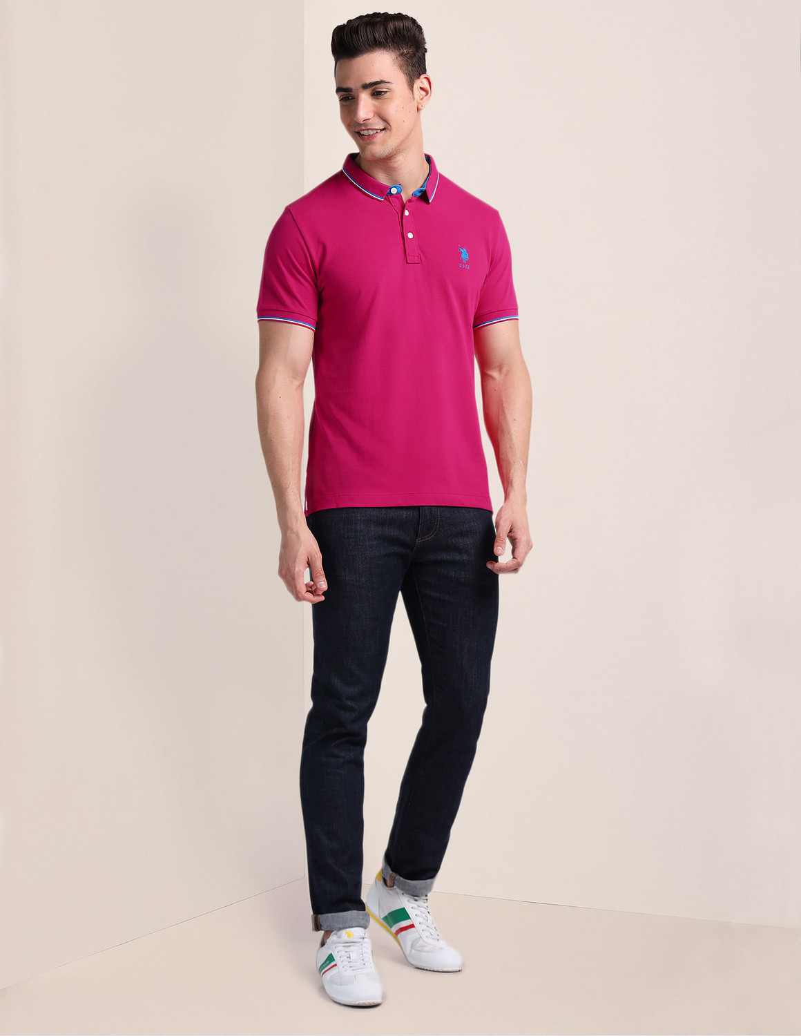 Image of U.S. POLO ASSN. Solid Men Polo Neck Pink T-Shirt