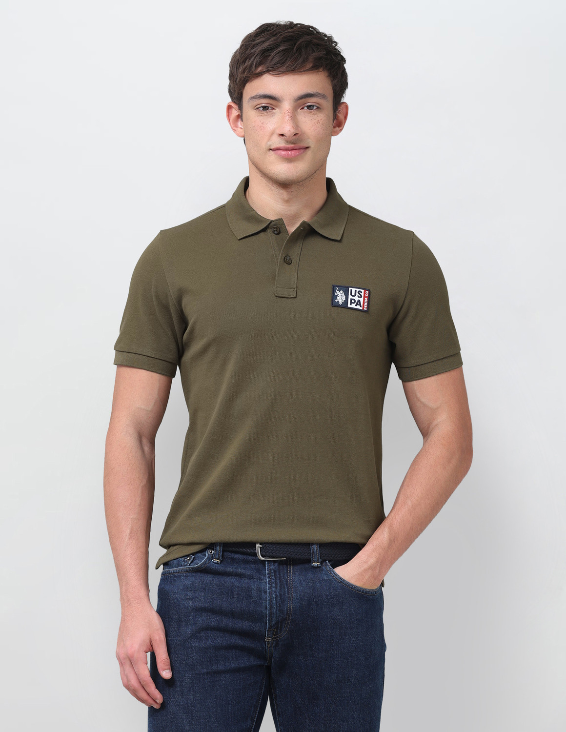 Image of U.S. Polo Assn. Denim Co. Men Printed Polo Neck Cotton Blend Green T-Shirt