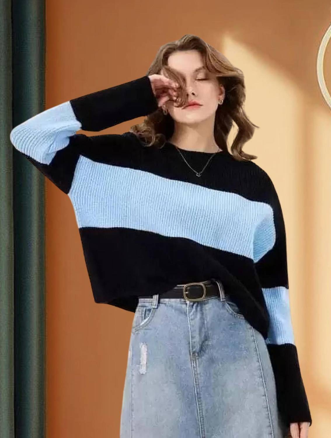 Amreliya Style Colorblock Women Round Neck Blue T-Shirt