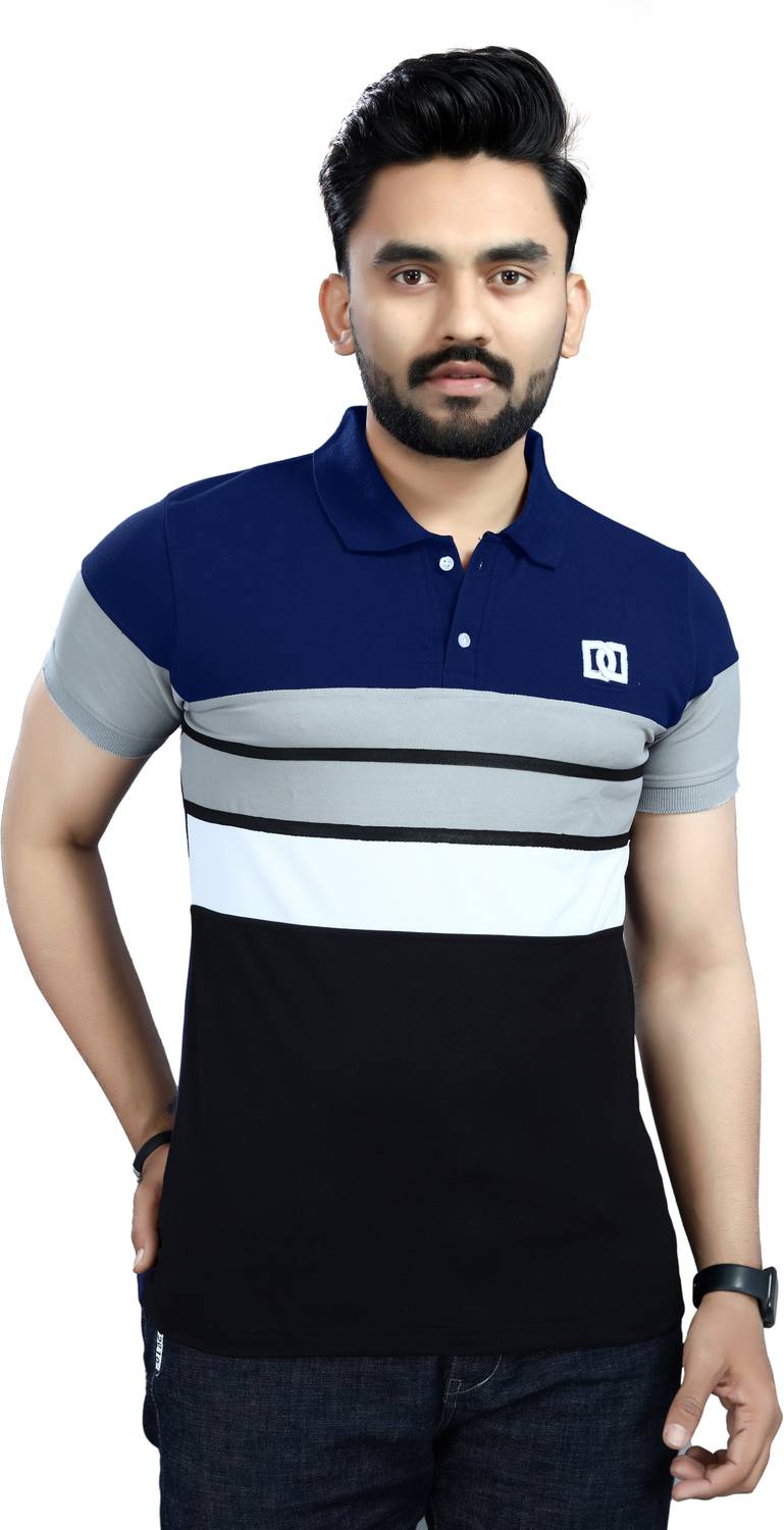 DyrectDeals Men Colorblock Polo Neck Polycotton Navy Blue T-Shirt