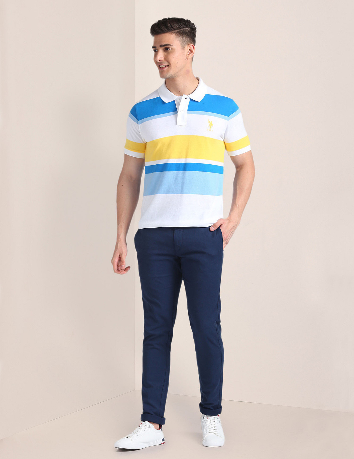 Image of U.S. POLO ASSN. Striped Men Polo Neck Multicolor T-Shirt