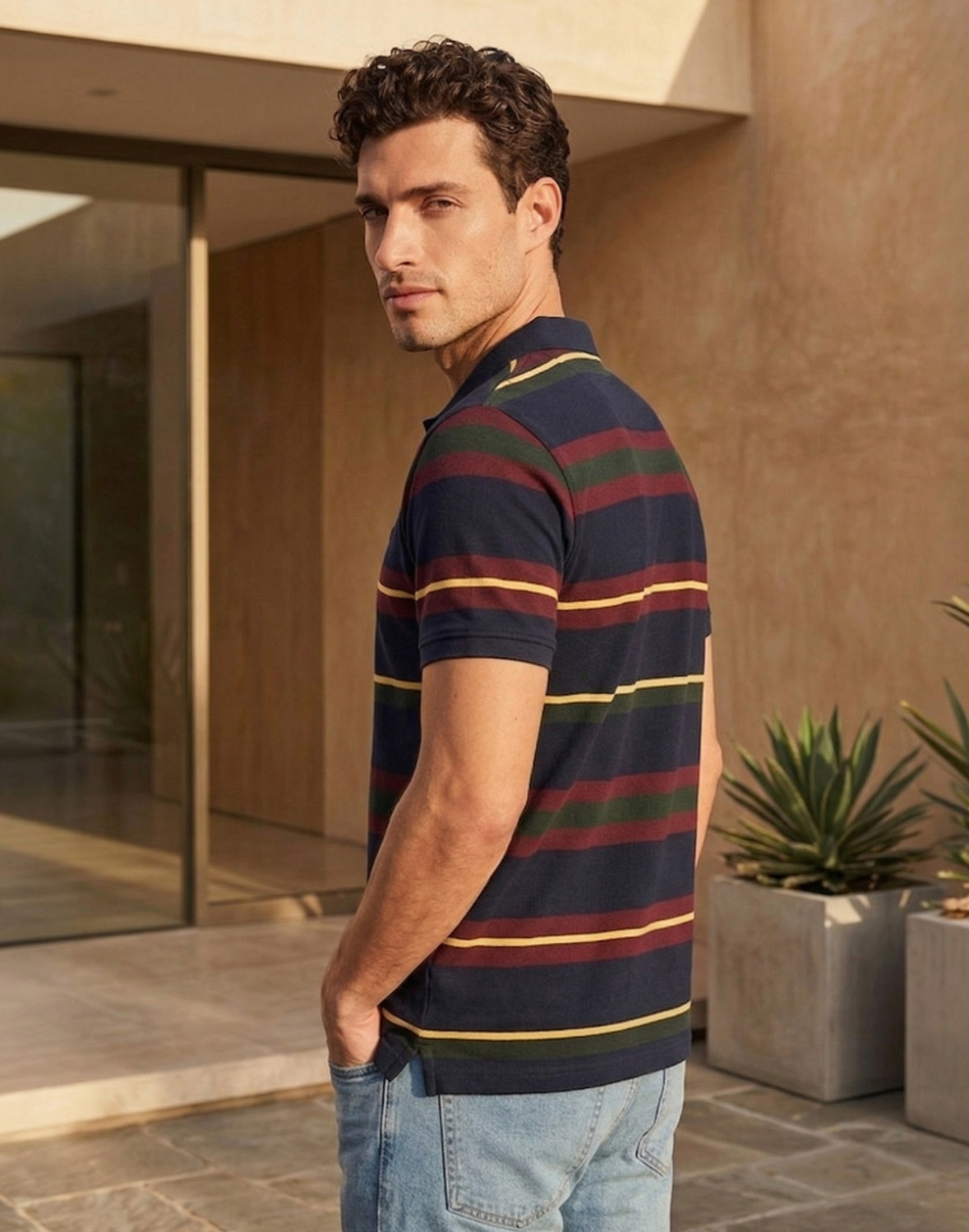 Image of LOUIS PHILIPPE Striped Men Polo Neck Multicolor T-Shirt