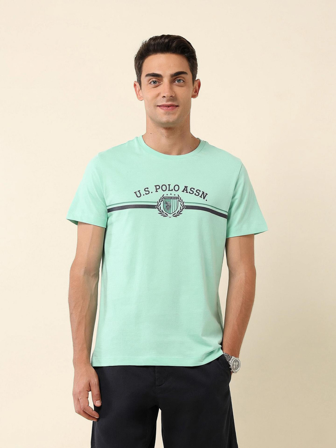 Image of U.S. POLO ASSN. Solid Men Round Neck Light Green T-Shirt