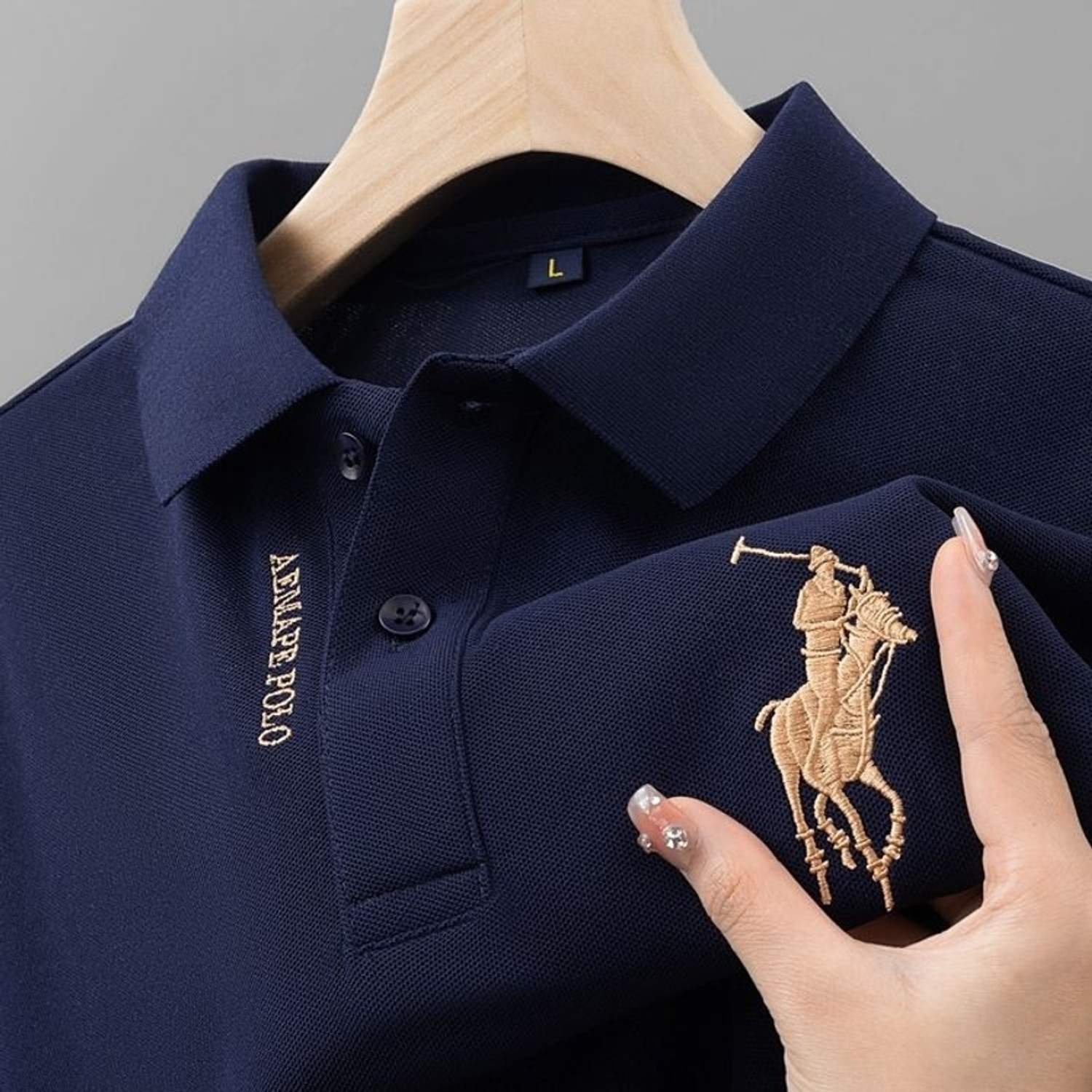 Image of hasti enterprise Embroidered Men Polo Neck Navy Blue T-Shirt