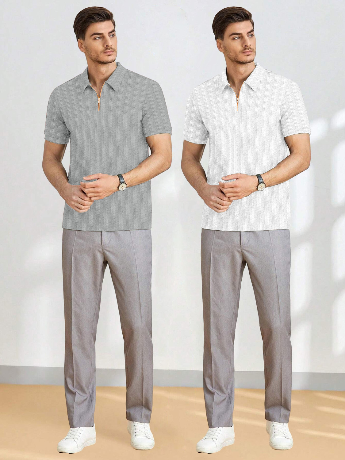 Image of COMBRAIDED Striped Men Zip Neck Grey, White T-Shirt