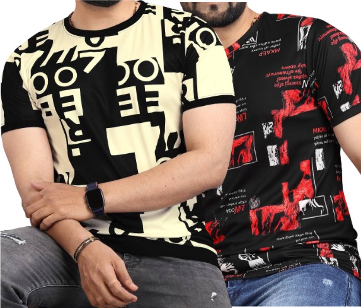 sti Pack of 2 Men Printed Round Neck Polyester Multicolor T-Shirt