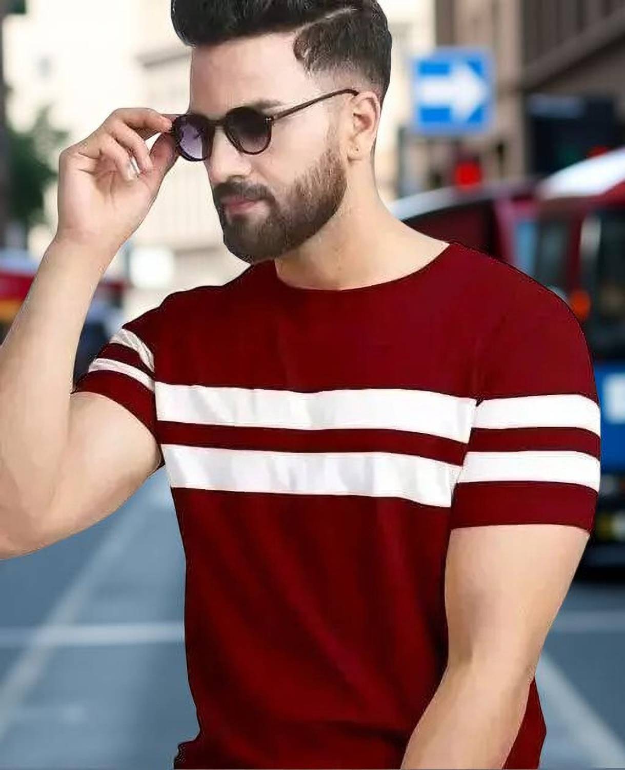 BRIGHT KRAFT Striped Men Round Neck Maroon T-Shirt