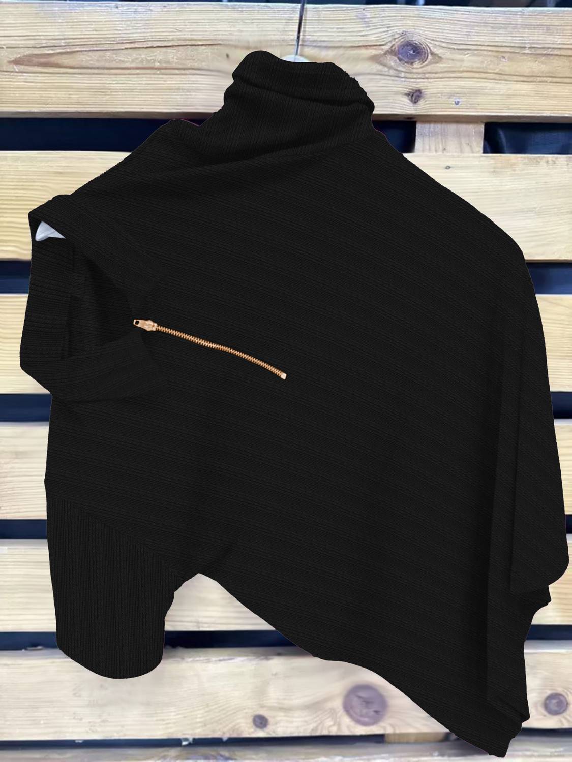 KAJARU Men Striped Zip Neck Polyester Black T-Shirt