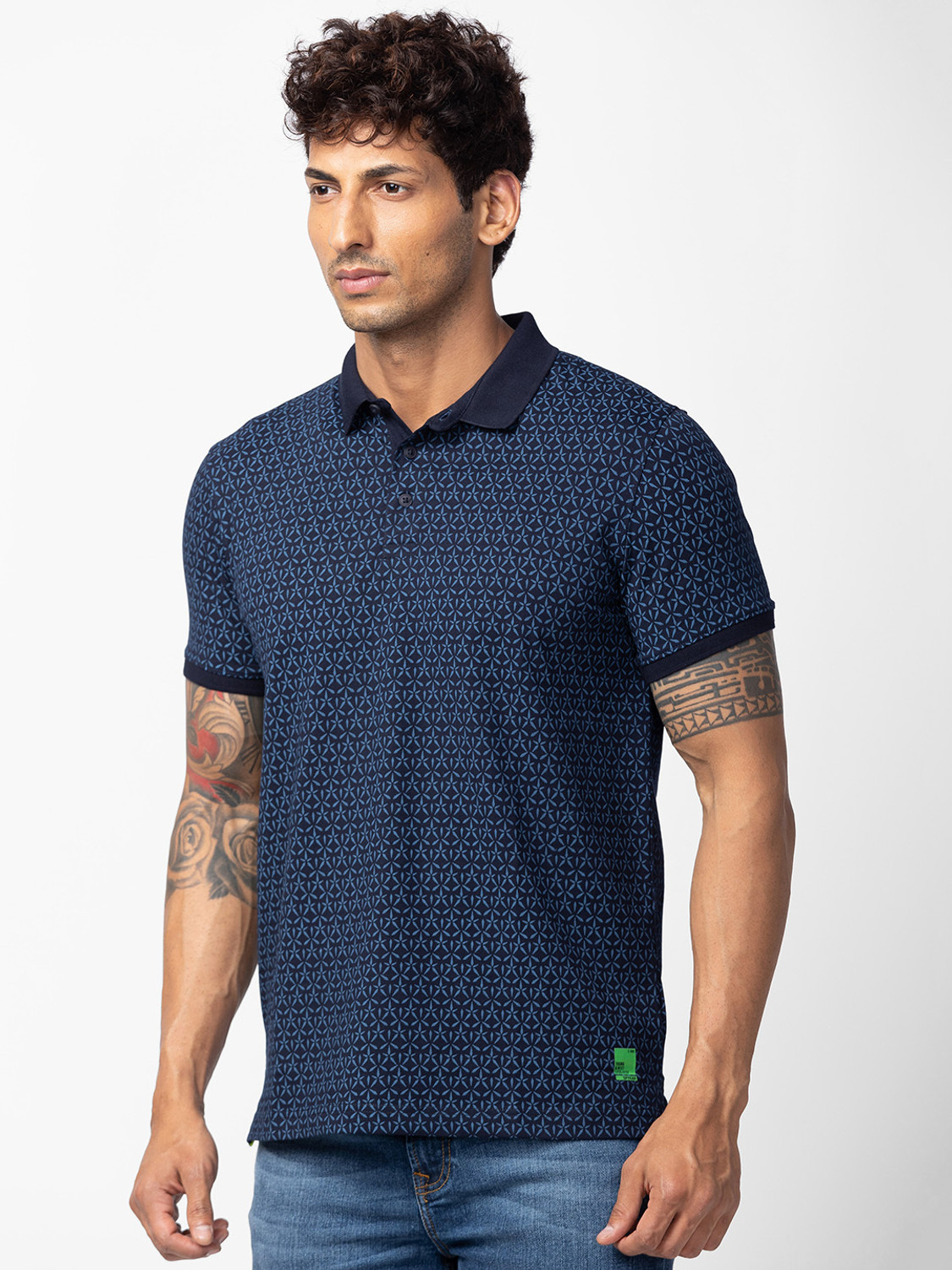 Image of Spykar Printed Men Polo Neck Blue T-Shirt