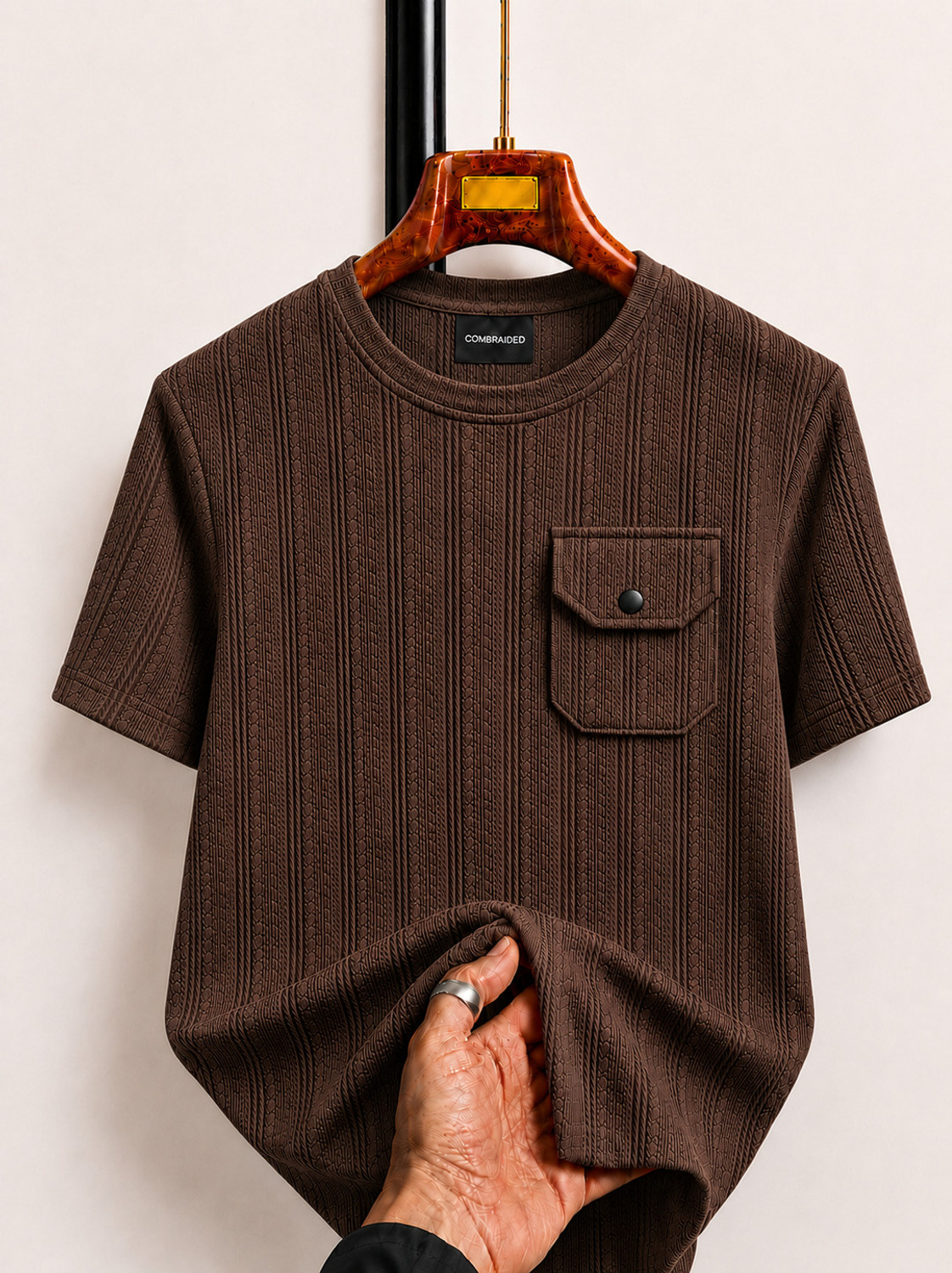 Image of COMBRAIDED Self Design Men Round Neck Black, Brown T-Shirt