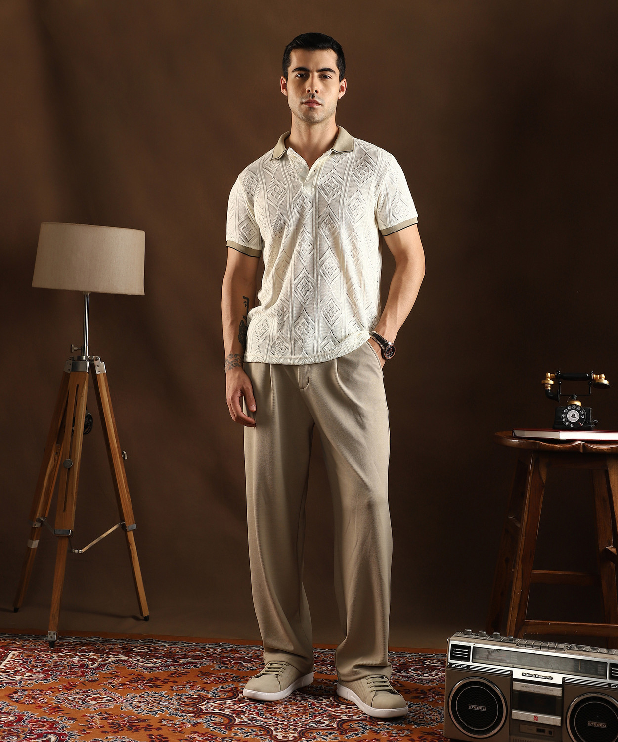 Image of CAMPUS SUTRA Self Design Men Polo Neck White T-Shirt