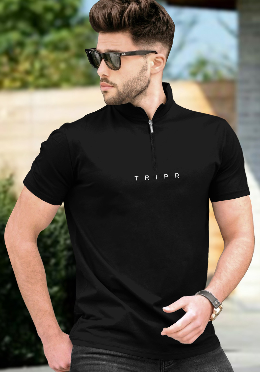 Image of TRIPR Solid Men Mandarin Collar Black T-Shirt