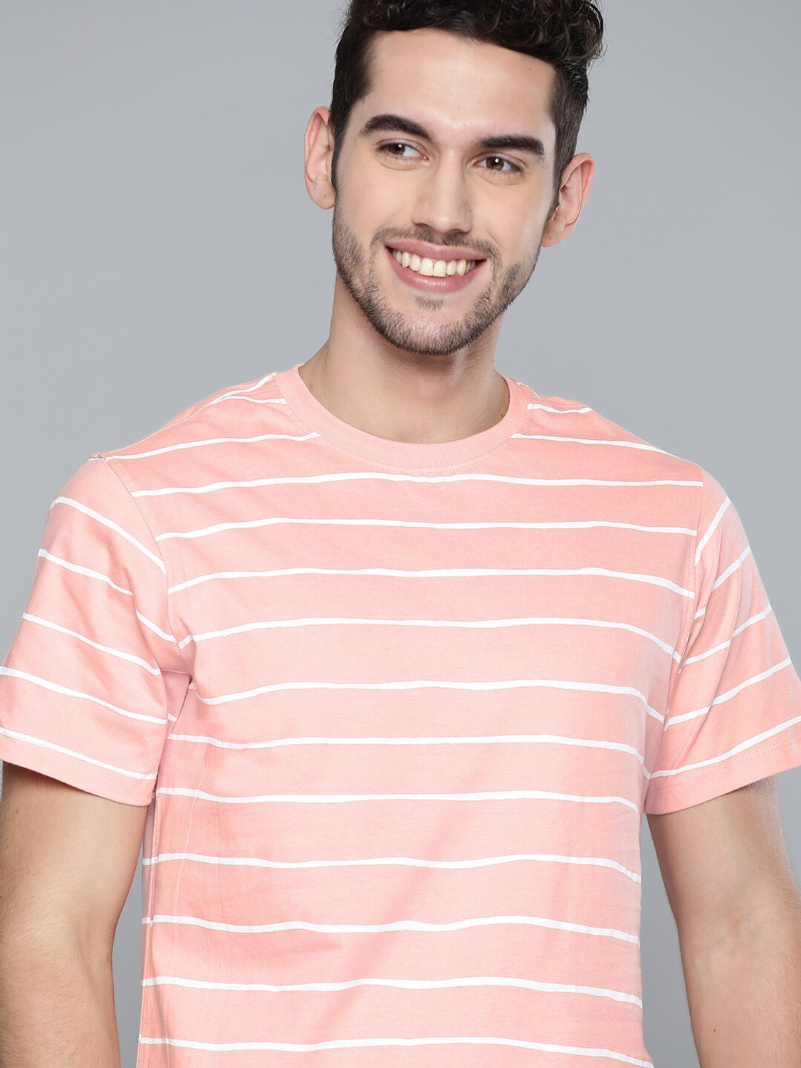 Image of Mast & Harbour Striped Men Round Neck Pink T-Shirt