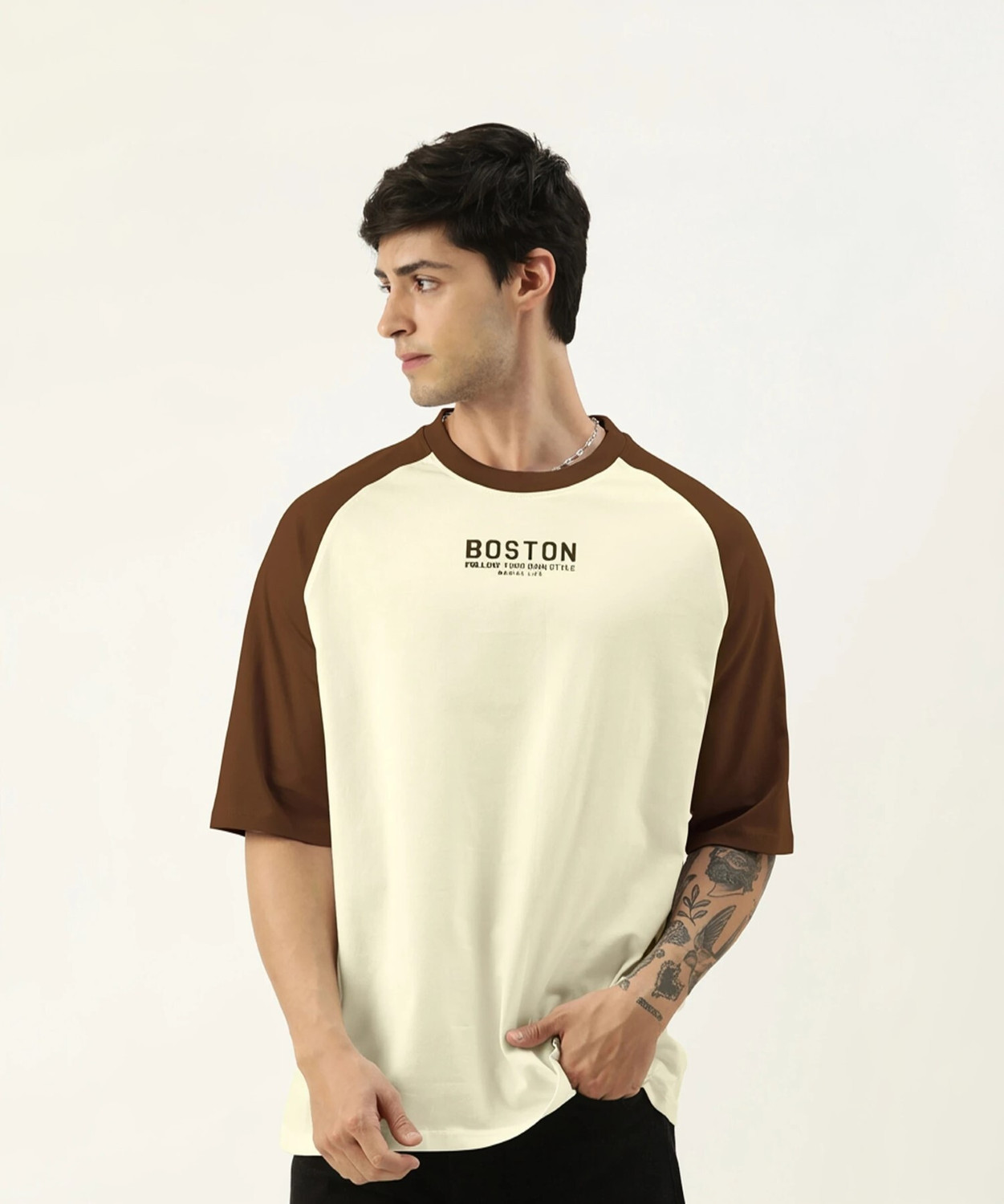 Image of MANIAC Printed Men Round Neck Beige T-Shirt