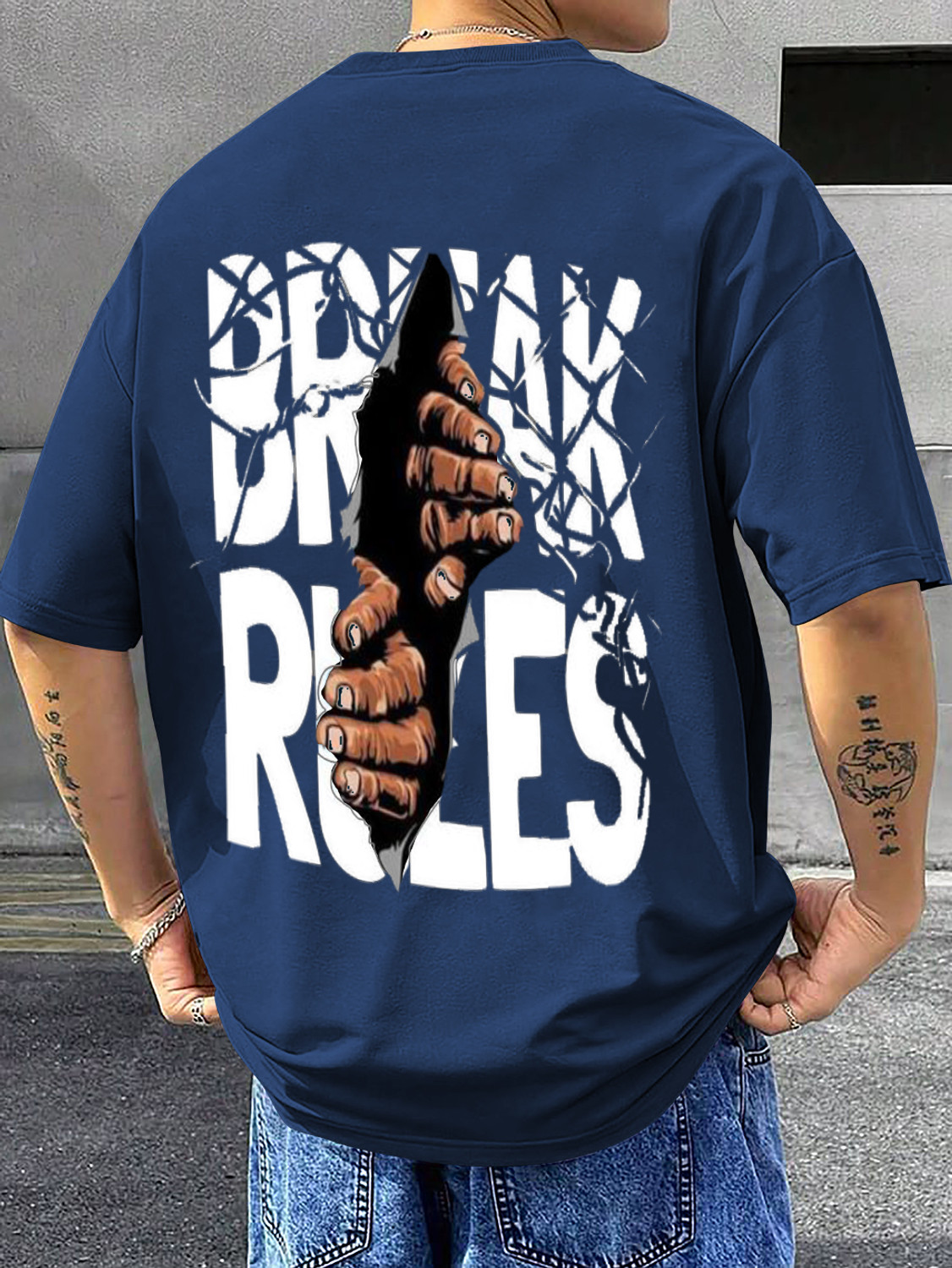 Image of Dazzle Fashion Graphic Print Men Round Neck Navy Blue T-Shirt