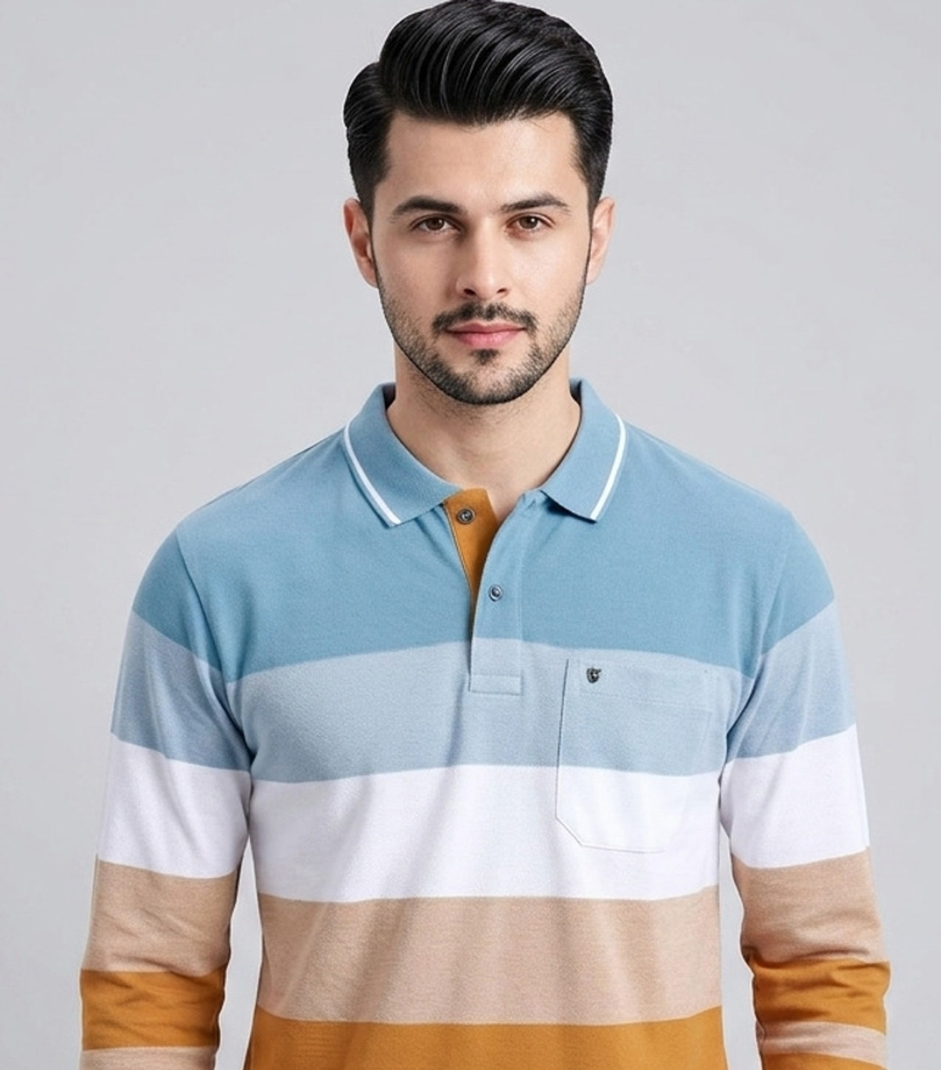 Image of PRORIDERS Men Striped Polo Neck Cotton Blend Green T-Shirt